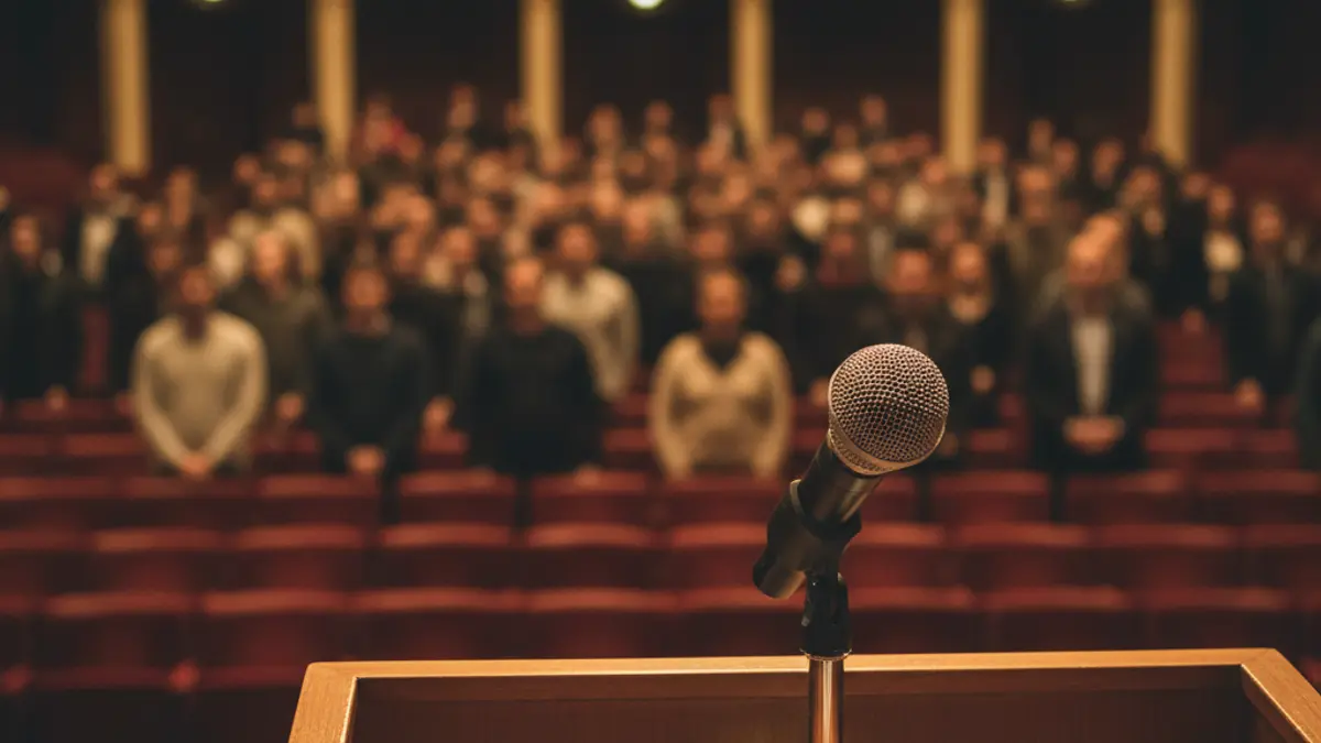 Generic image of a microphone on an auditorium podium, with empty seats in the background.