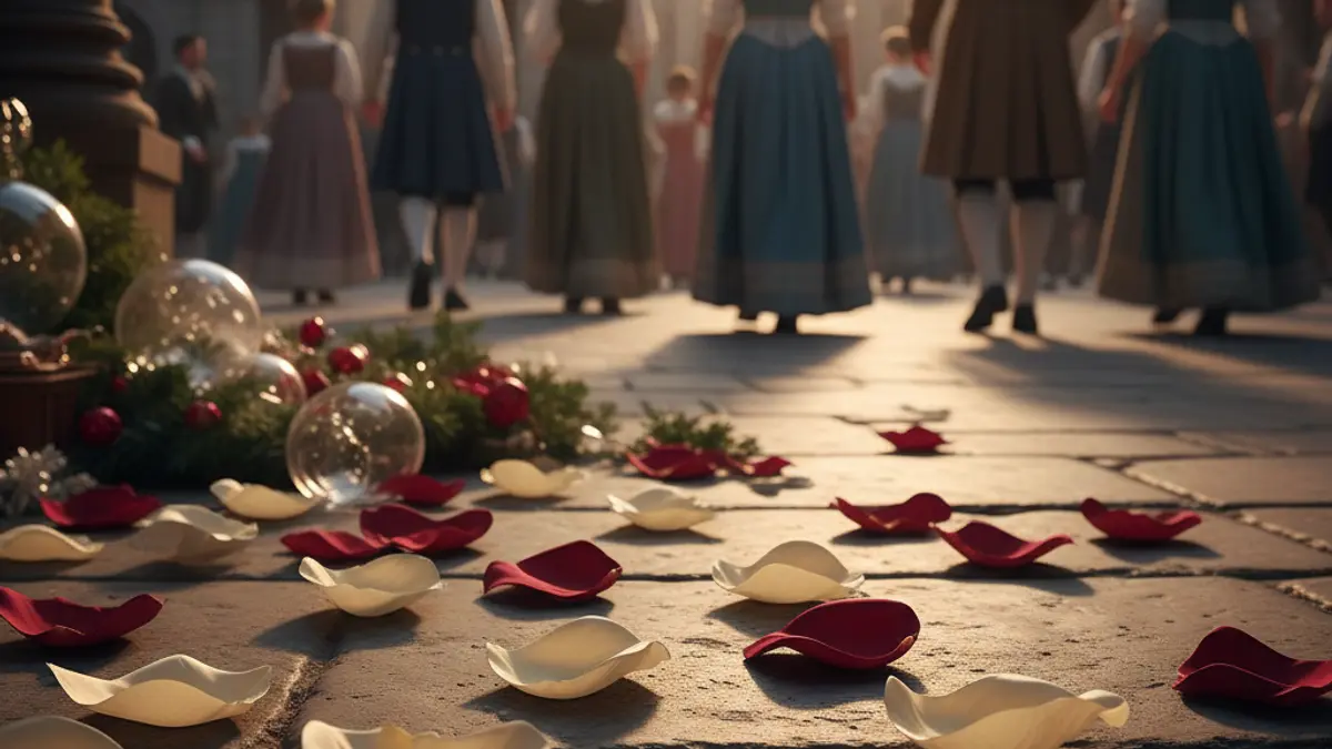 Image of paper petals on the ground, with blurred decorative elements in the background, representing a festive event.