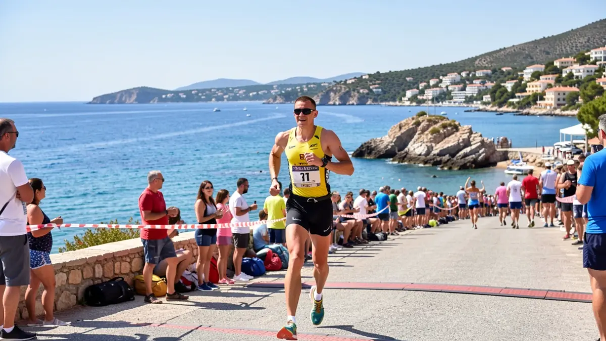 Generic image of a triathlete crossing the finish line with the Mediterranean Sea in the background.
