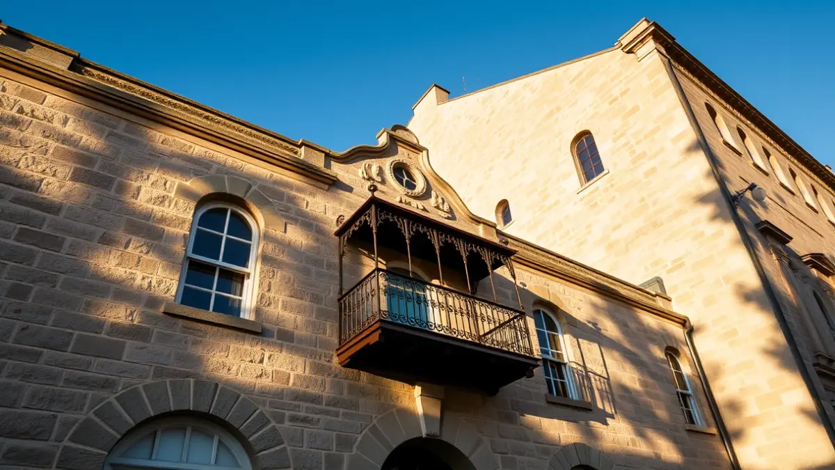 Facade of Paiporta's town hall, with balconies and iron railings, bathed in the afternoon sunlight.