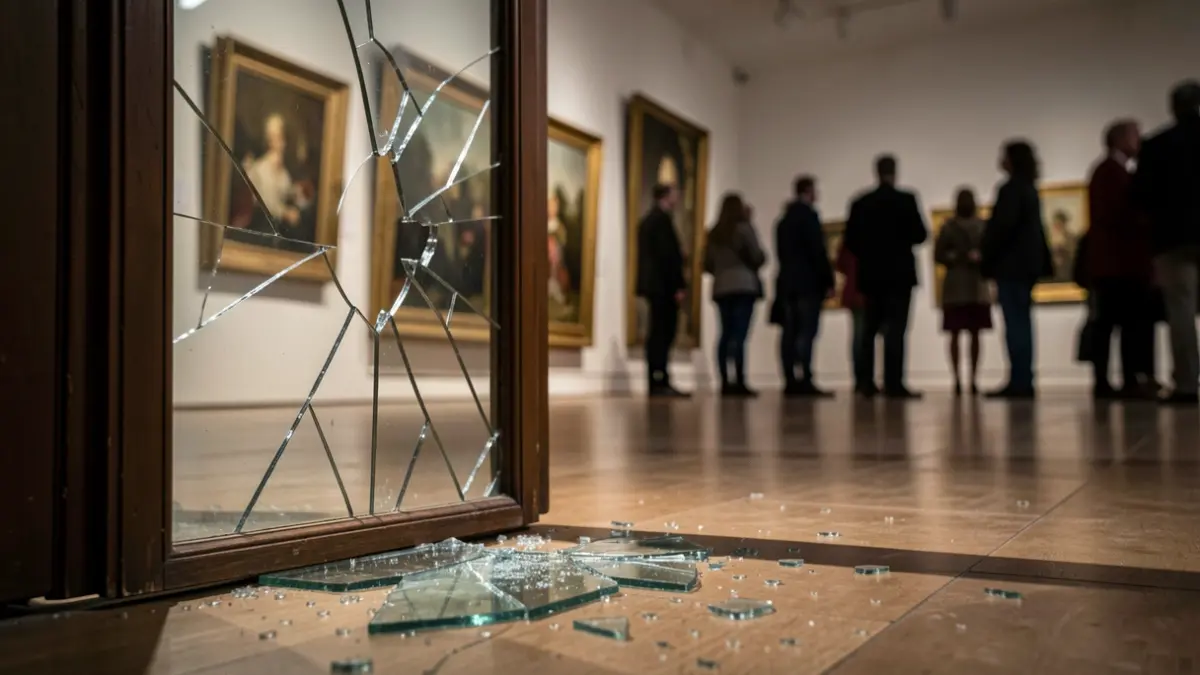 Generic image of a broken art gallery door with shattered glass and askew paintings.