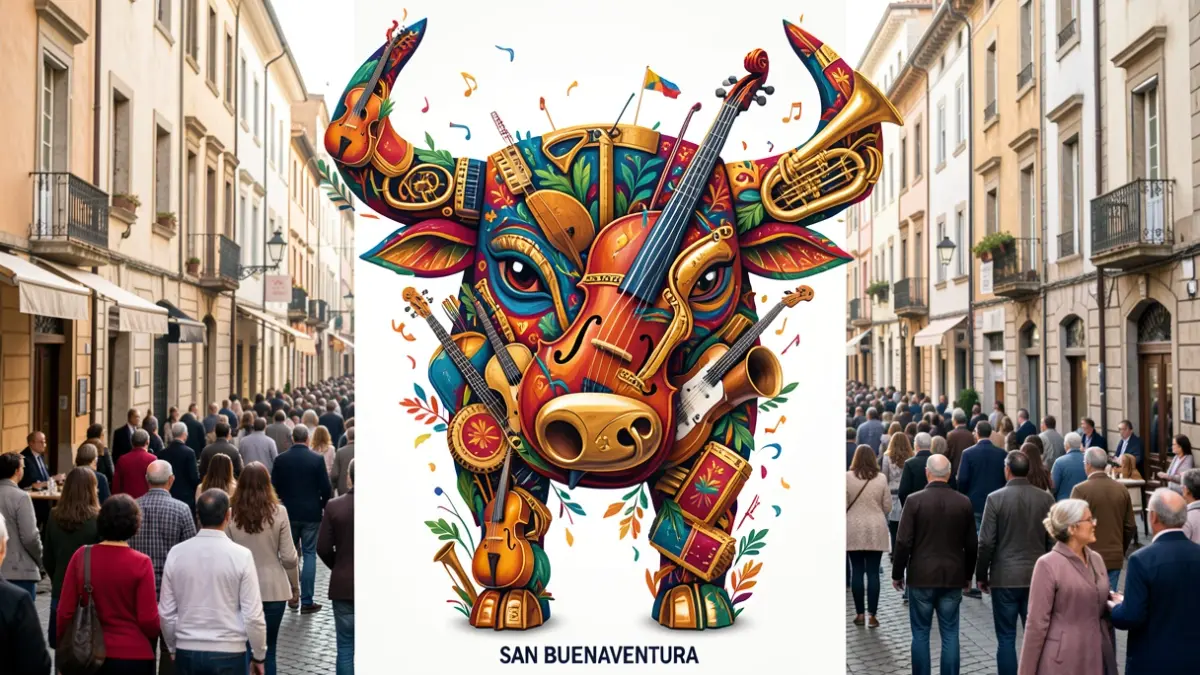 Image of the winning poster for the Pedreguer July Festivals, featuring musical instruments forming a bull.