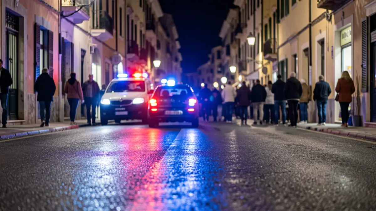 Imagen genérica de luces de emergencia policiales reflejándose en asfalto mojado por la noche.