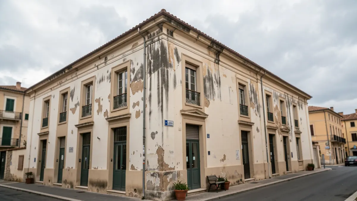 Generic image of the exterior of a municipal market building showing signs of disrepair.