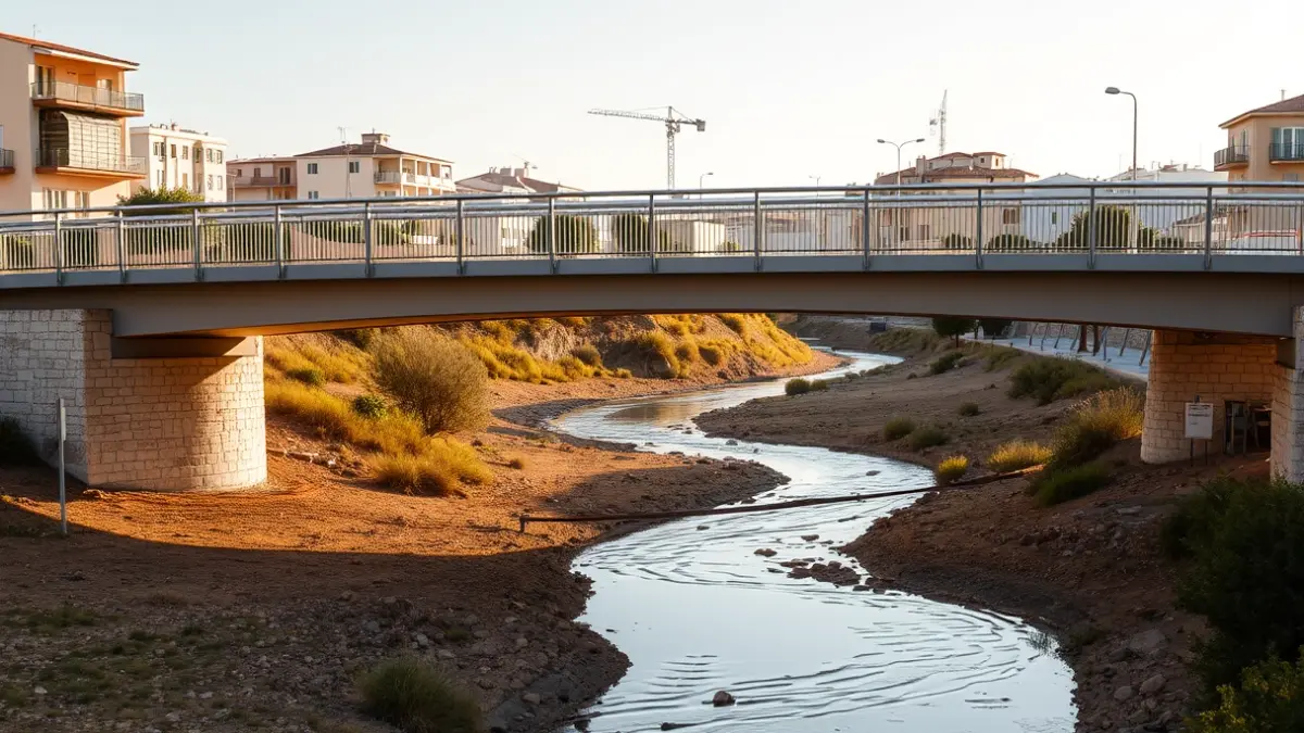 Imagen de una pasarela peatonal y ciclista de diseño moderno, con iluminación LED, sobre un lecho de río seco en una localidad mediterránea.