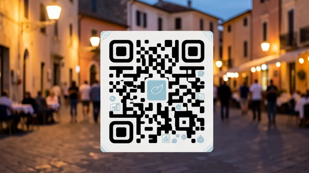 Imatge genèrica d'un codi QR amb elements gràfics informatius en un entorn urbà.