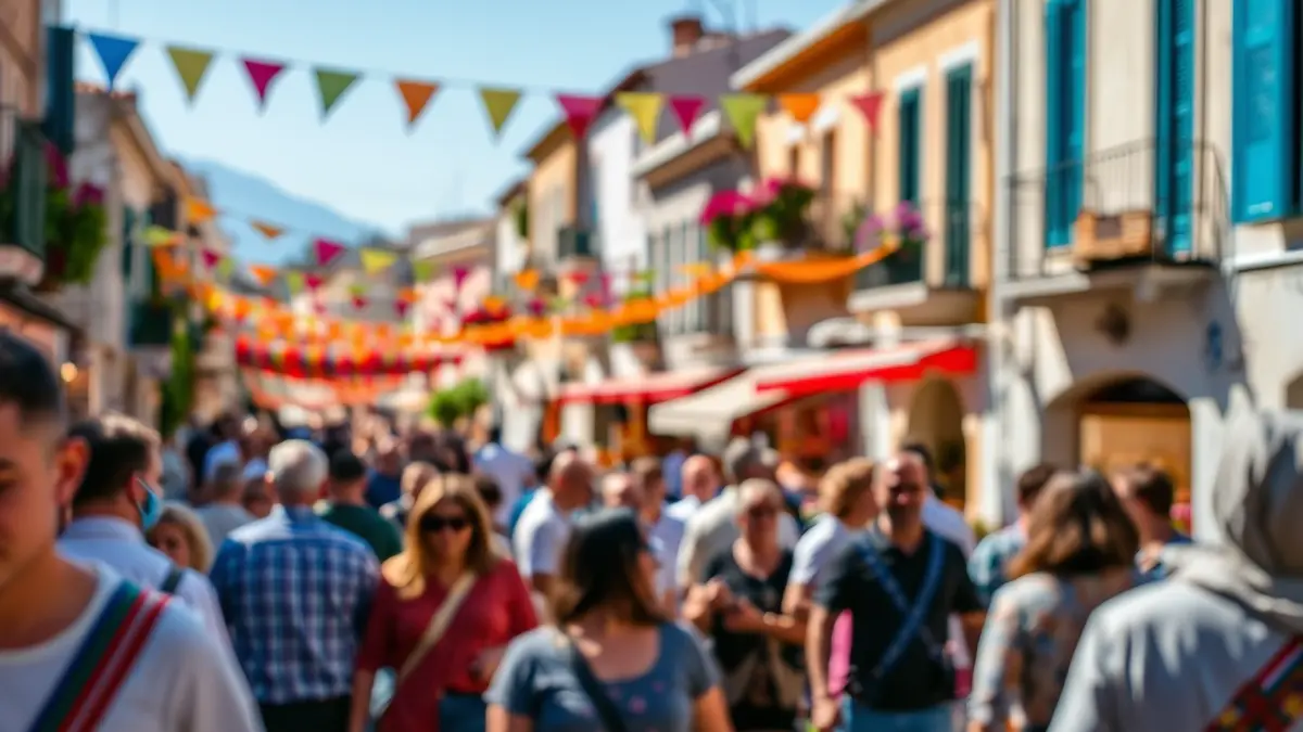 Generic image of a patron saint festival in a Mediterranean town, with color and festive atmosphere.