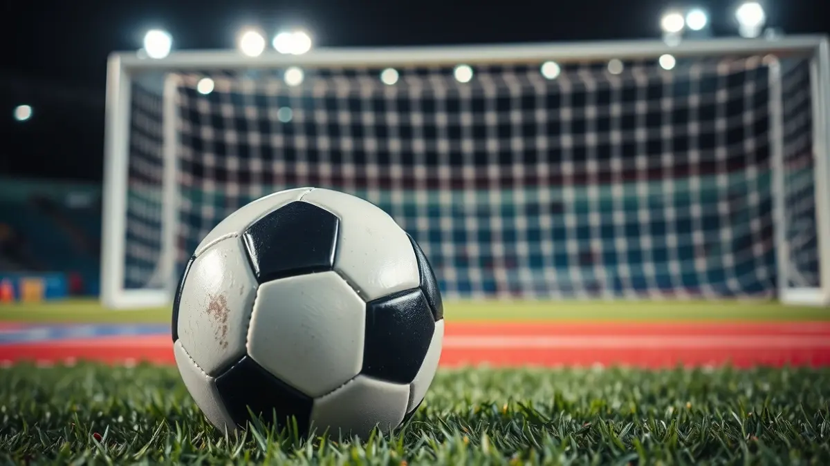 Imatge genèrica d'un baló de futbol en la gespa d'un camp, amb la porteria desenfocada al fons.