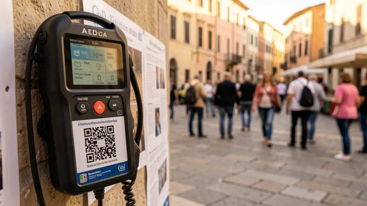 Imatge genèrica d'un desfibril·lador amb codi QR en un entorn urbà.