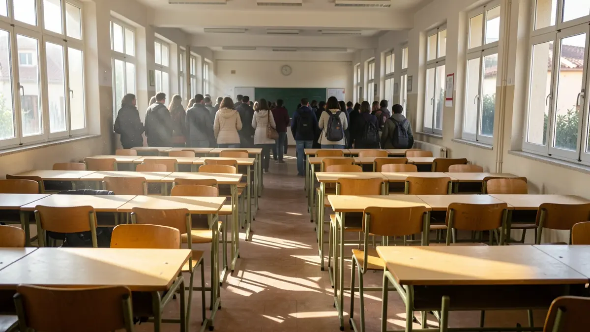 Generic image of empty classrooms in a high school.