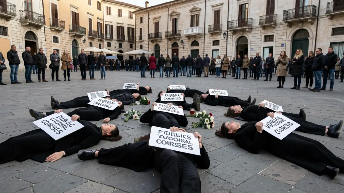 Generic image of teachers simulating a funeral for public vocational training in Valencia.