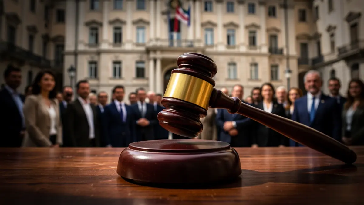 Generic image of a gavel striking a wooden block, with the facade of the Congress of Deputies in the background.