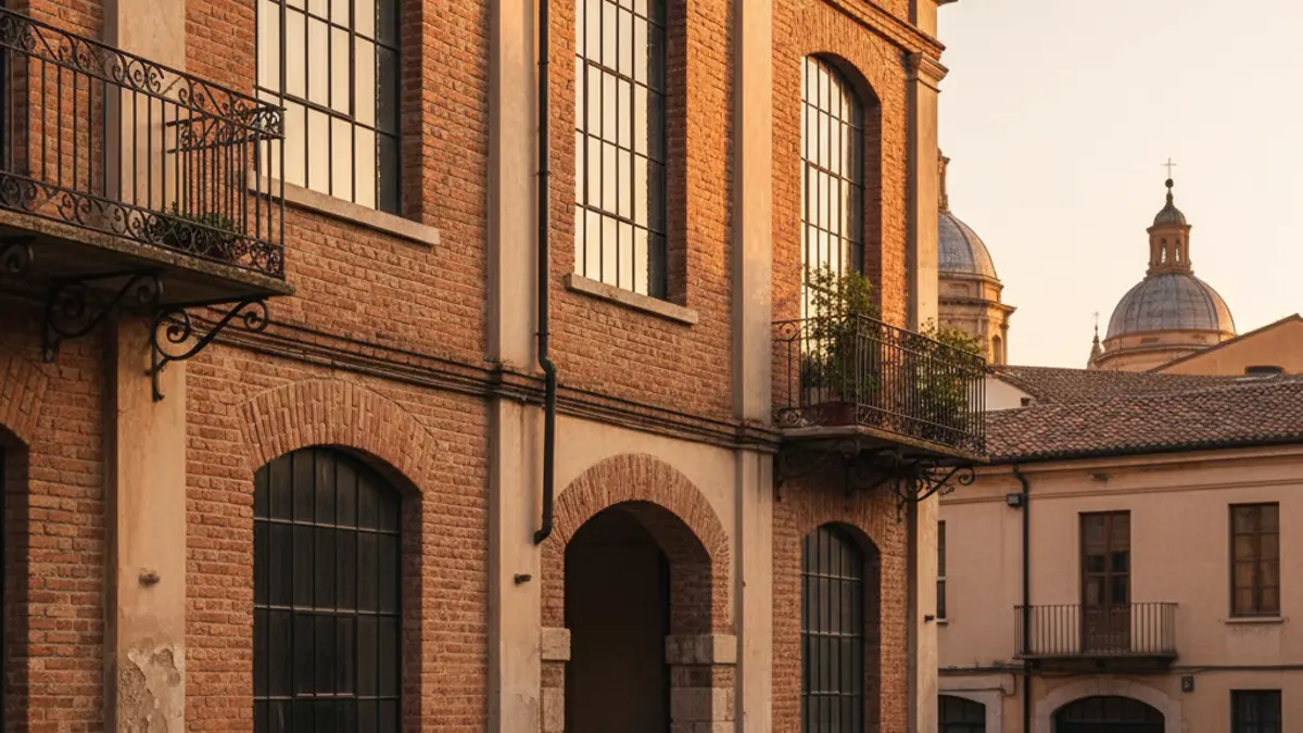 Imagen de una fachada industrial histórica en una ciudad mediterránea, con detalles arquitectónicos y luz cálida de tarde.