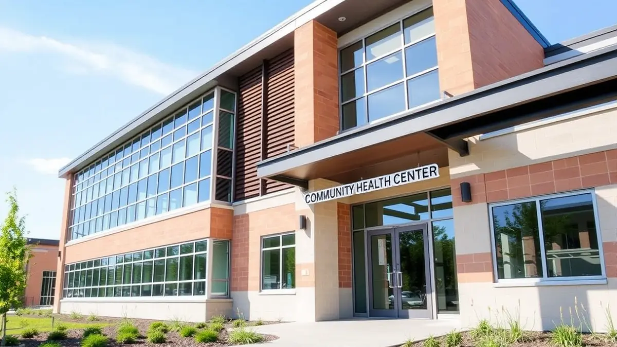 Generic image of a modern health center with large windows and a clear entrance, surrounded by green areas, under a clear sky.