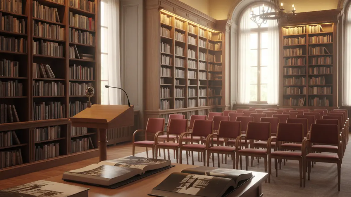 Image of an exhibition hall or library with photography books, warm lighting, and a cozy atmosphere.