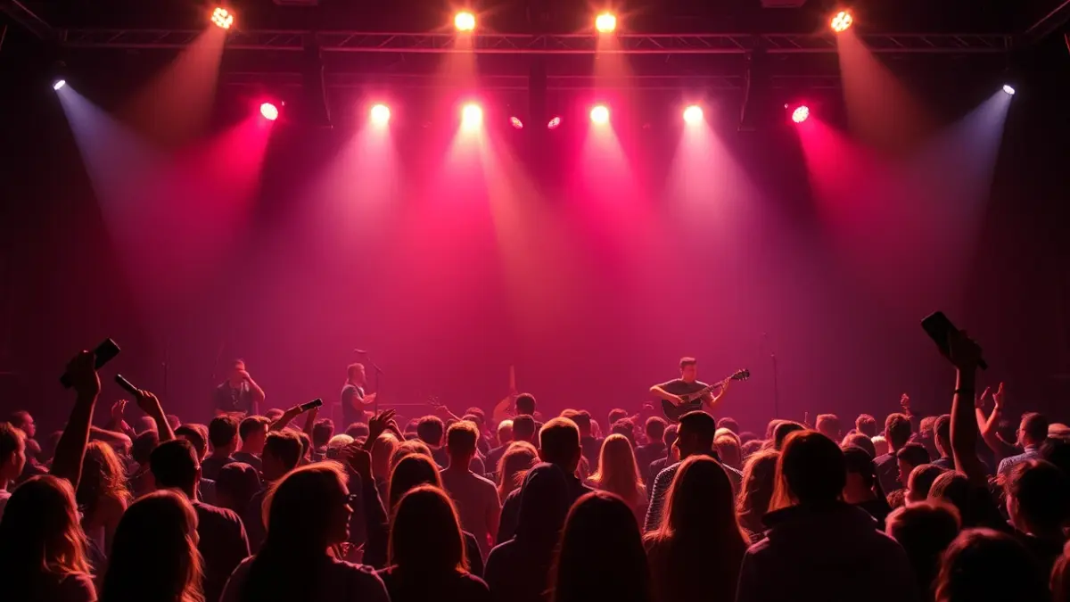 Imatge d'adolescents en un escenari, amb llums borroses, durant una actuació musical.