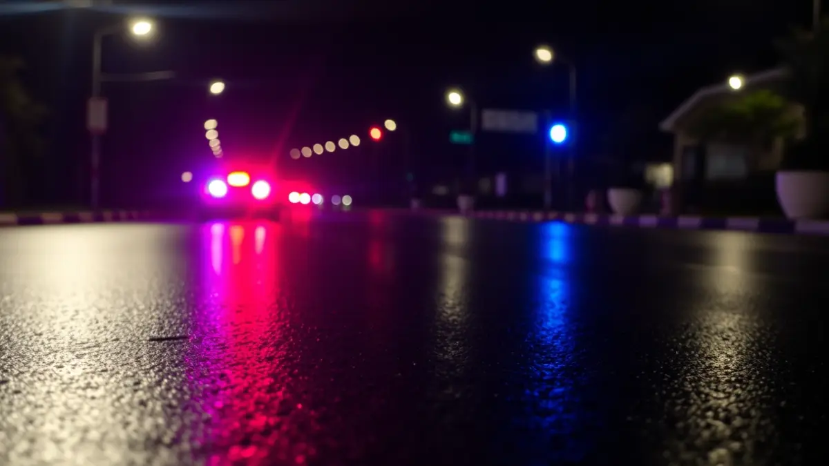 Generic image of emergency lights reflecting on wet asphalt at night, with no visible vehicles.