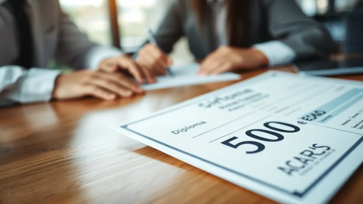 Imagen genérica de un diploma y un cheque de 500 euros sobre una mesa de madera.