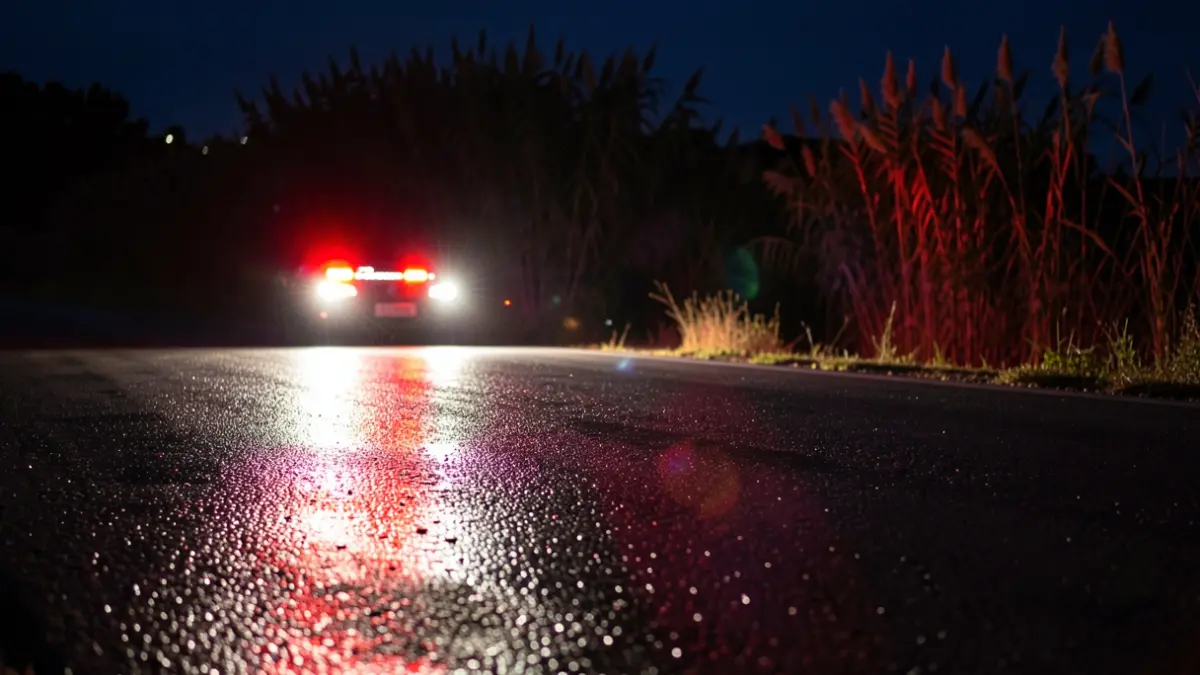 Imatge genèrica de llums d'emergència reflectint-se en asfalt mullat de nit.