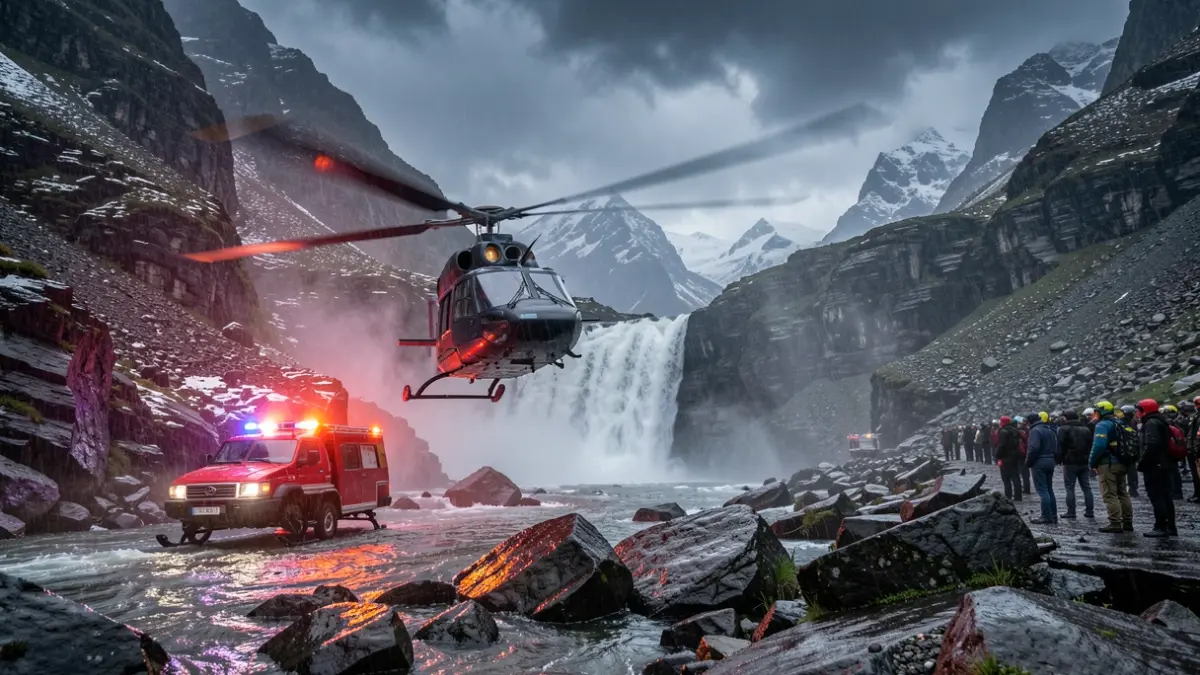 Imatge genèrica d'un helicòpter de rescat en una zona muntanyosa amb mal temps.