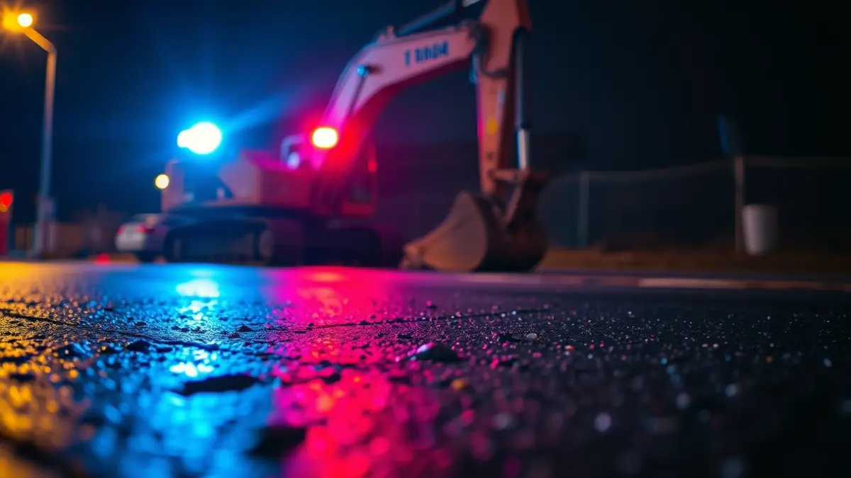 Imagen de emergencia con luces azules y rojas reflejándose en el asfalto, con una excavadora volcada al fondo.