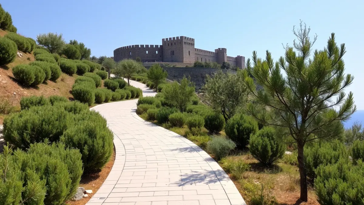 Image of a pedestrian path with landscaped areas leading to a historic fortress.