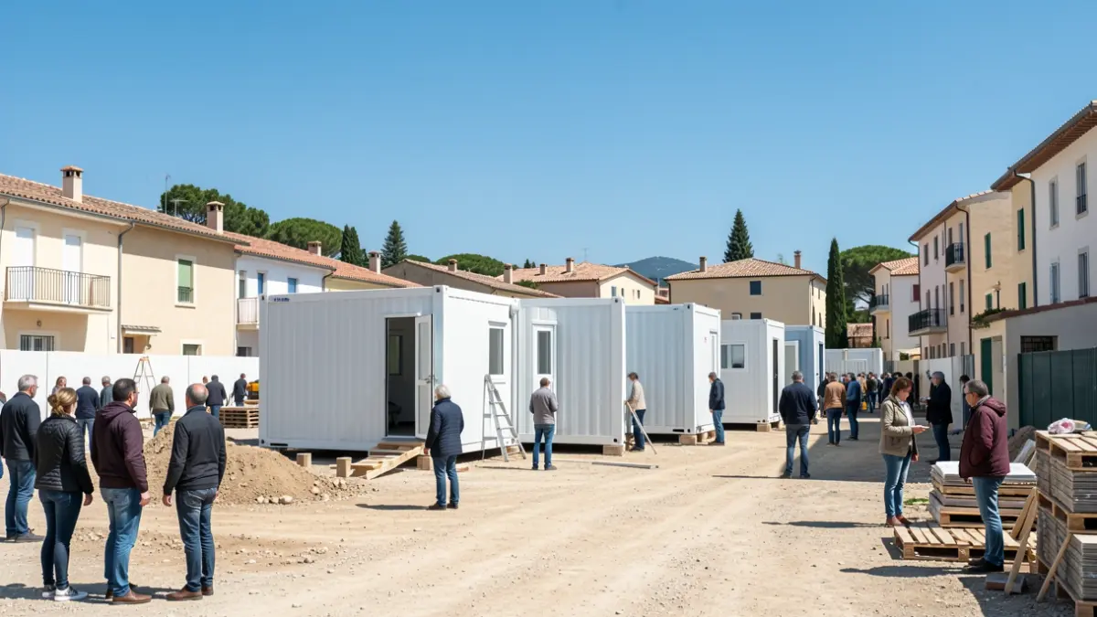 Construction works of industrialized housing in a Valencian town.