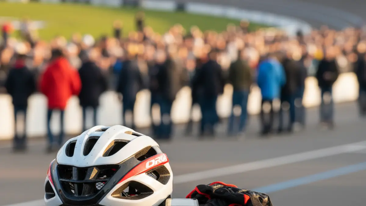 Imagen genérica de un casco y guantes de ciclismo sobre un manillar de bicicleta, con un fondo desenfocado de una pista de carreras.