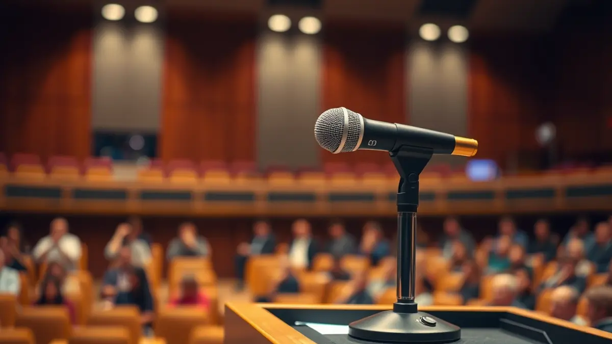 Imagen genérica de un micrófono en un atril en una sala de conferencias universitaria.