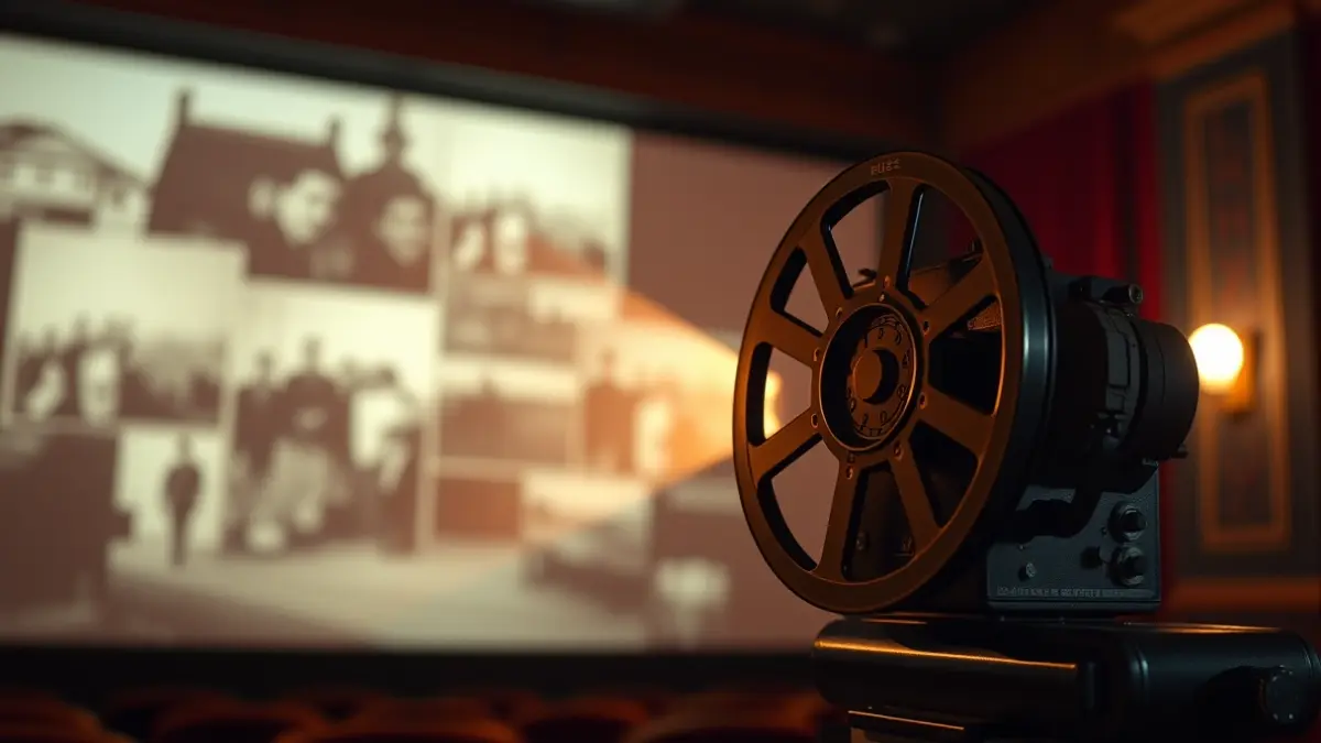 Imatge genèrica d'un projector de cine antic amb una bobina de pel·lícula, projectant imatges borroses en una sala fosca.