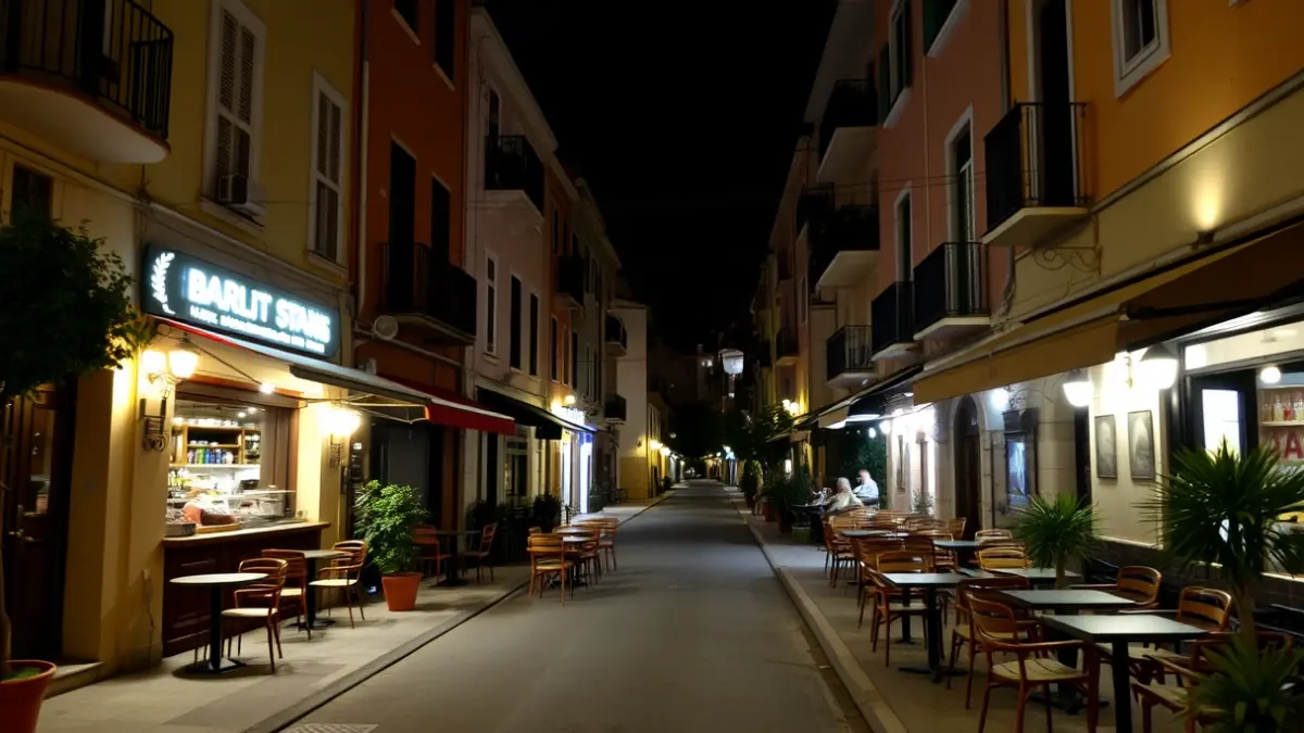 Imatge genèrica d'un carrer tranquil en un barri mediterrani de nit, amb llums borroses de bars i restaurants i taules buides en les terrasses.
