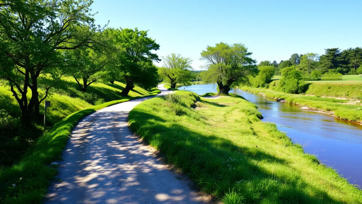 Imagen genérica de un sendero de tierra junto a un río, con vegetación abundante y un cielo claro.