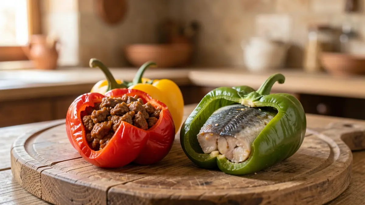Imatge genèrica de pebres farcits tradicionals valencians, amb farciment de carn i peix, servits en una safata de fusta rústica.