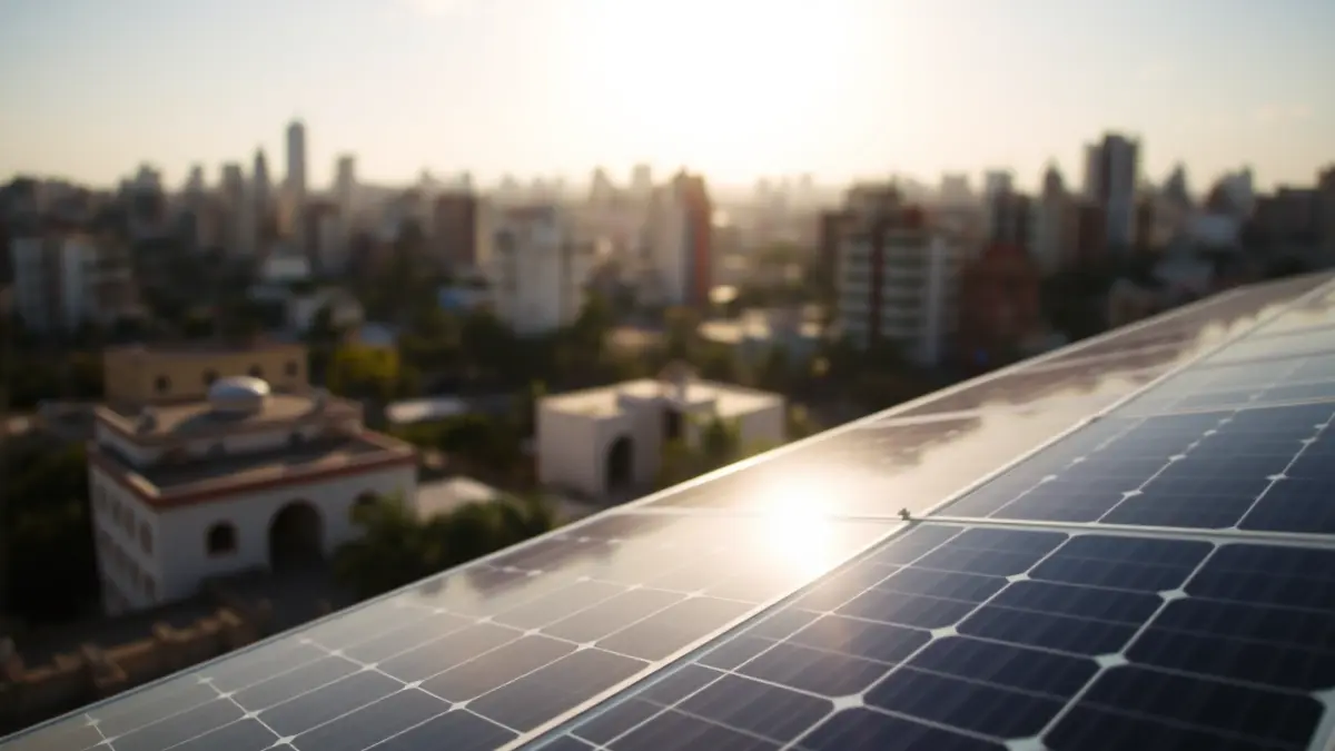 Imagen de una instalación de paneles solares en el tejado de un hospital, con la ciudad de La Habana de fondo.