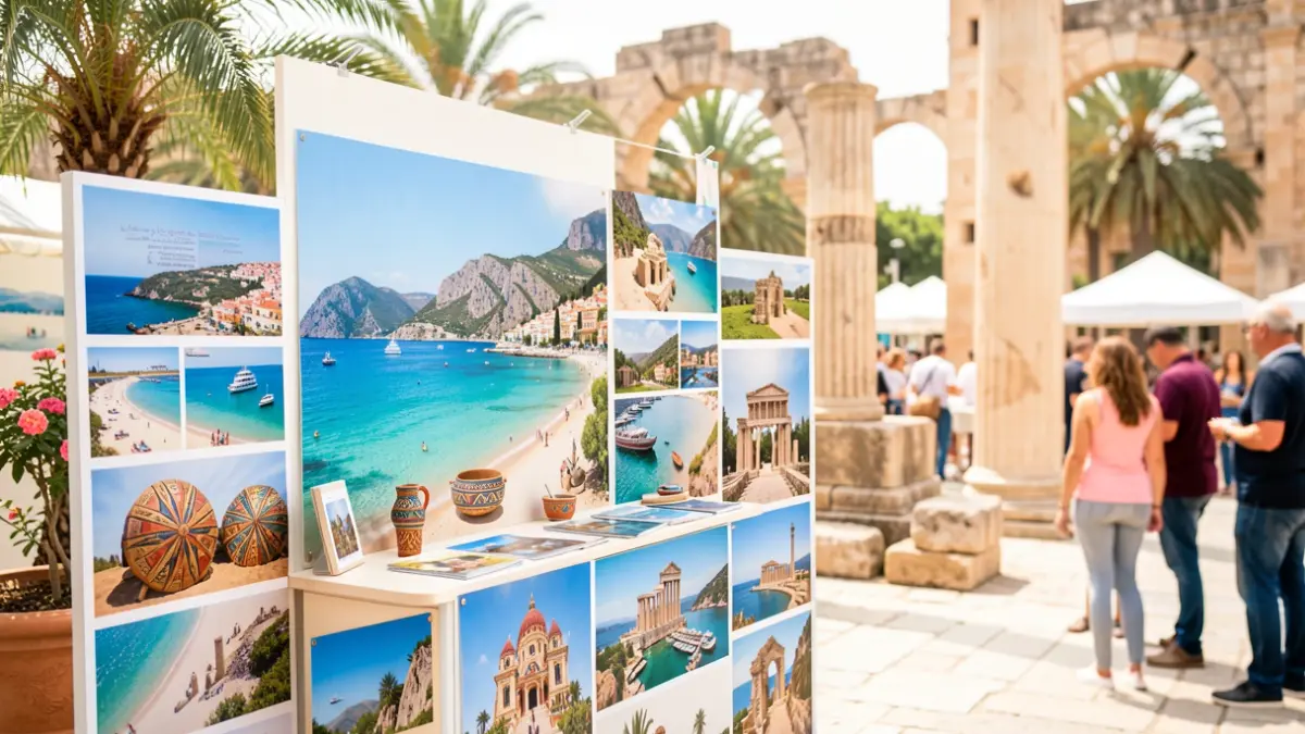 Generic image of a tourism promotion booth with elements of beach, culture, and heritage.