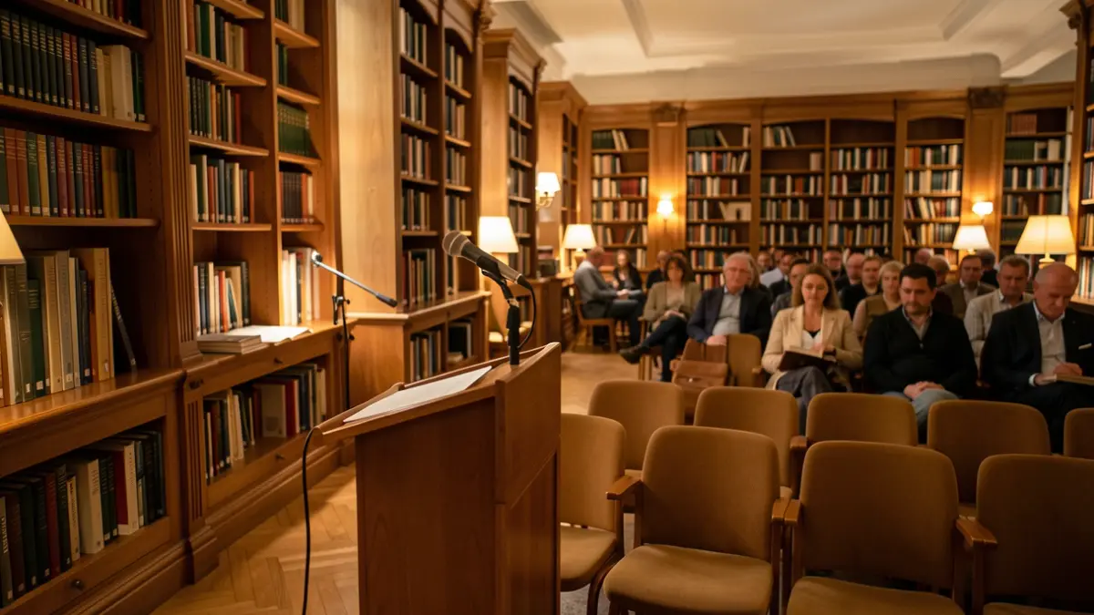 Imagen de una sala de actos con micrófono y estanterías, ambiente de presentación cultural.