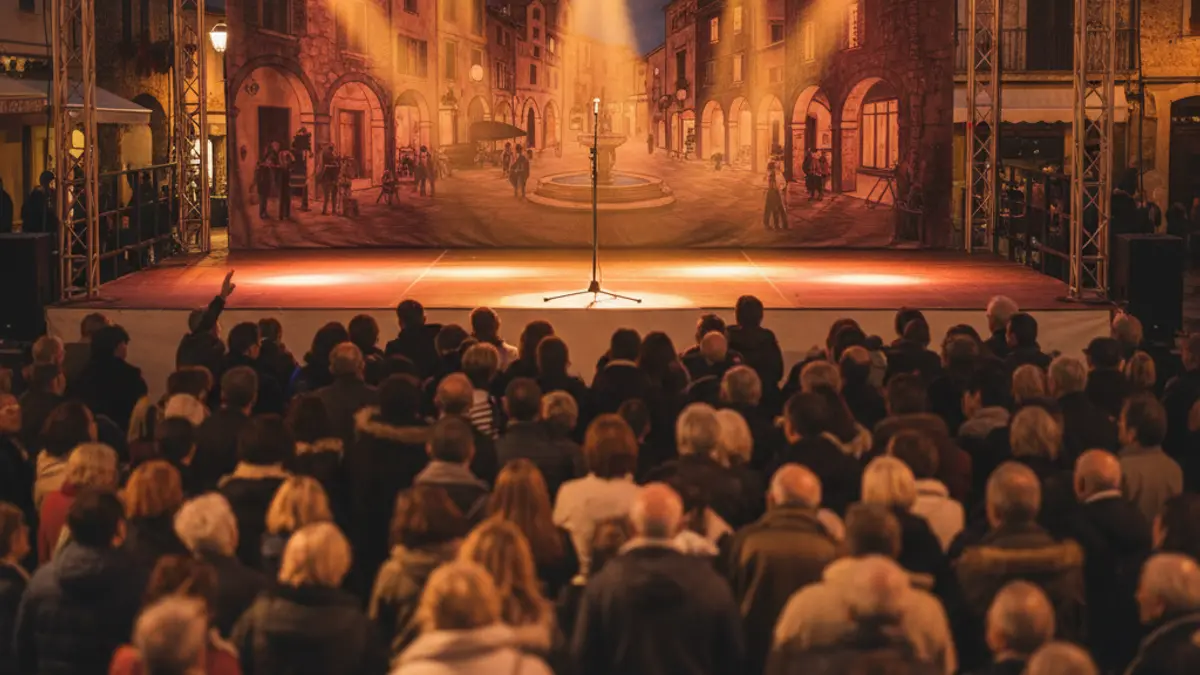 Imagen de un escenario festivo con focos y un atril vacío, con un telón de fondo de una plaza de pueblo mediterránea de noche y figuras borrosas entre el público.