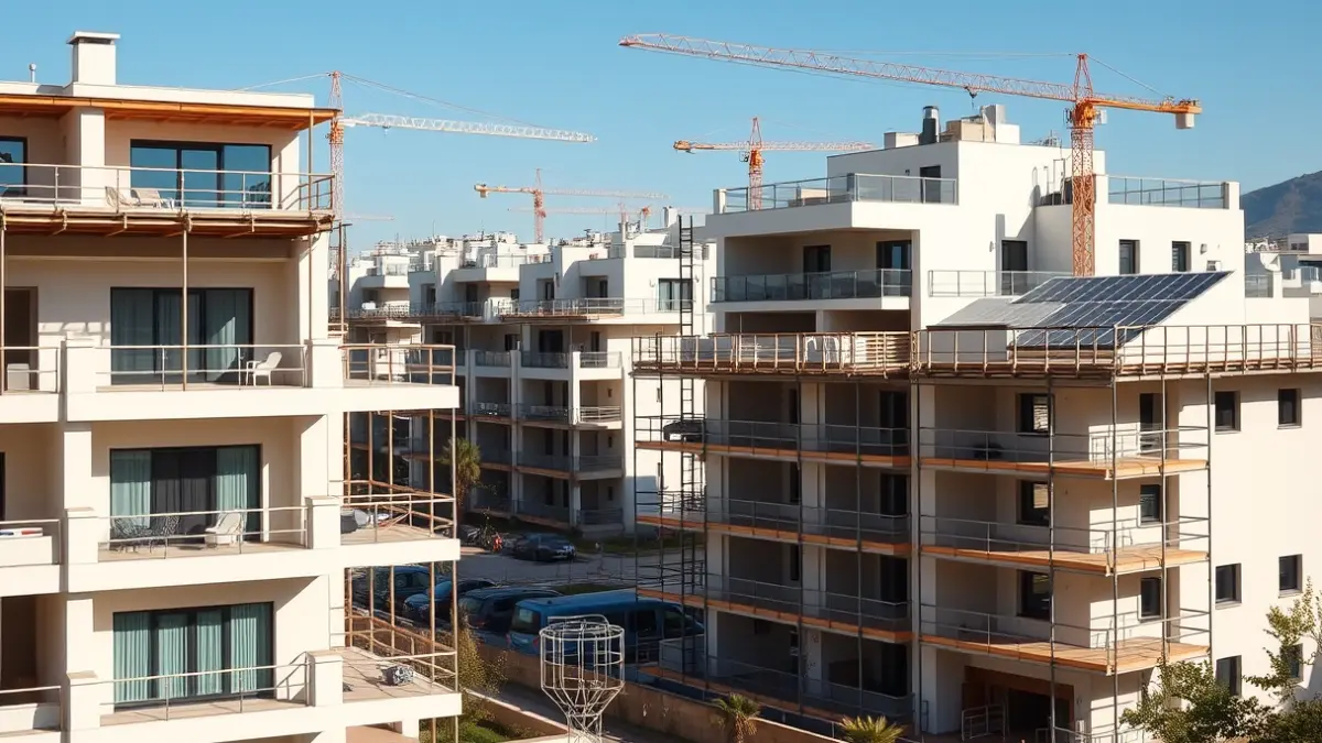Imatge de construcció de vivendes de protecció pública en una ciutat mediterrània, amb grues i bastides.