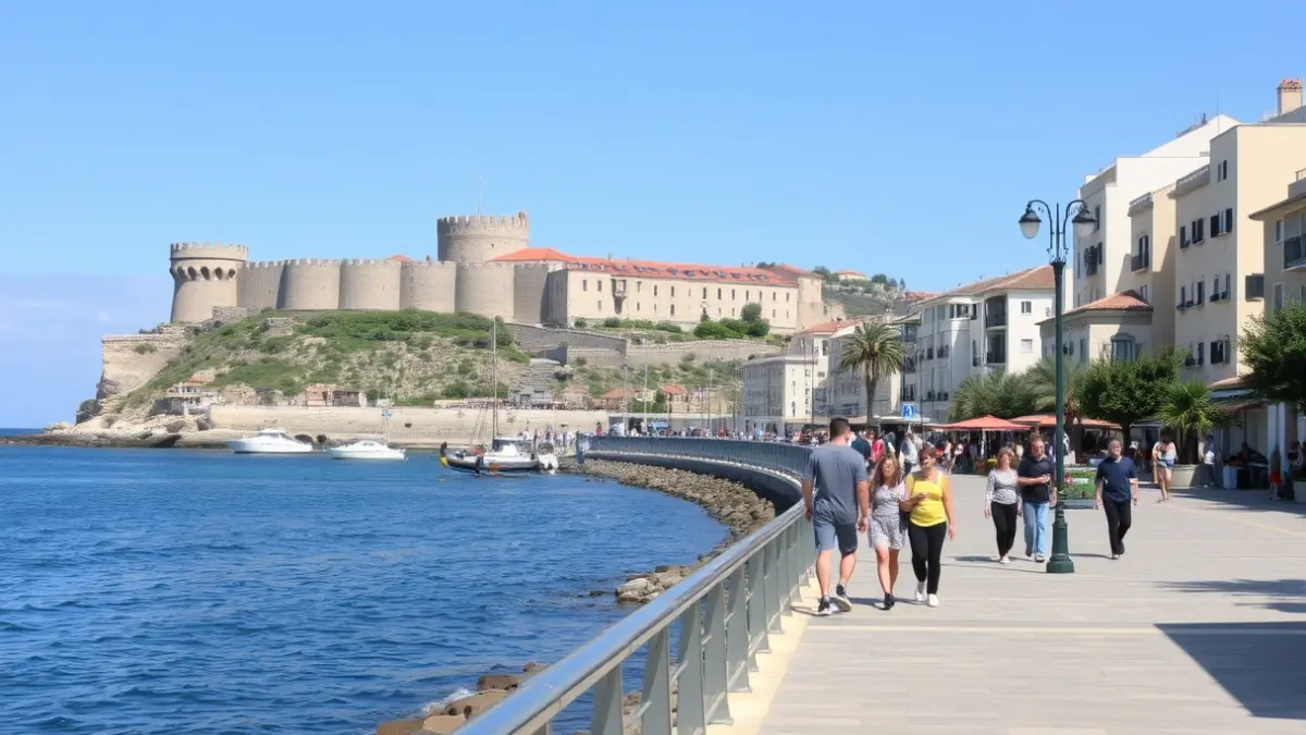 Image of Santa Pola's coastline with the castle-fortress in the background, highlighting accessibility improvements.