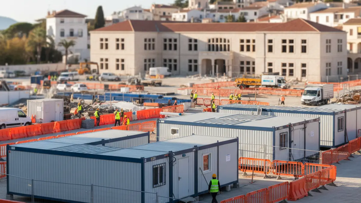 Image of temporary modular buildings on a construction site, with orange safety barriers and a blurred school building in the background, on a sunny day.