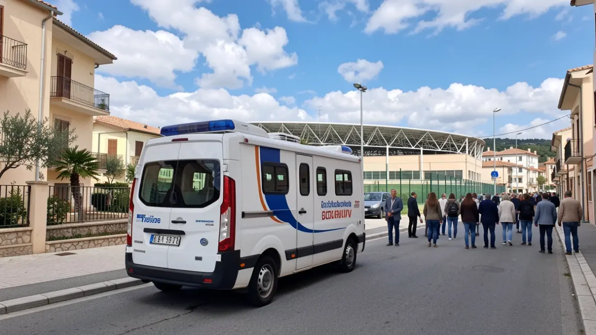 Mobile Vehicle Technical Inspection (ITV) unit parked on Cantar del Mío Cid street, next to the Sports City in Segorbe.