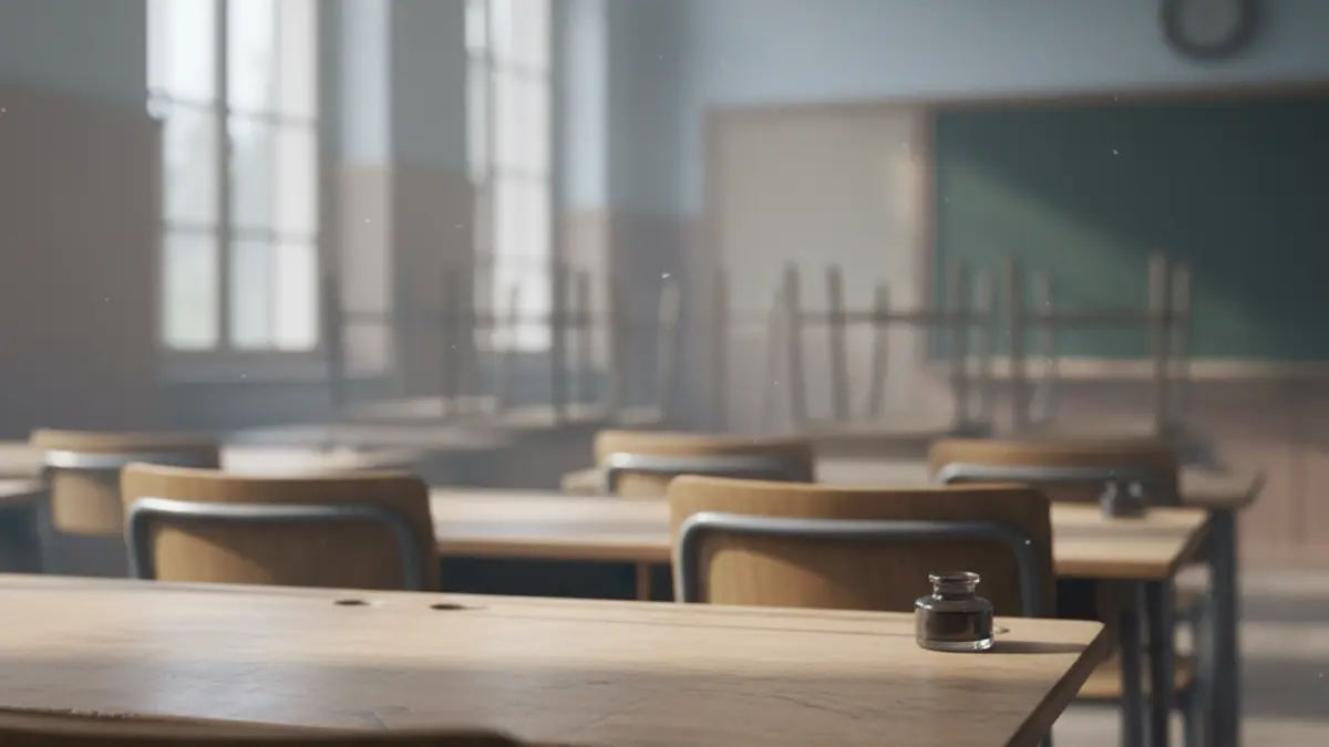 Imatge genèrica d'un pupitre escolar buit en una aula, amb llum natural.