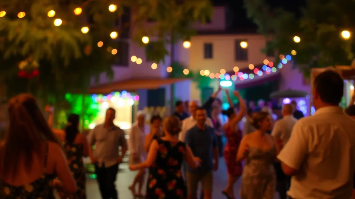 Imatge genèrica d'un festival cultural en un entorn rural, amb gent ballant i llums de colors.