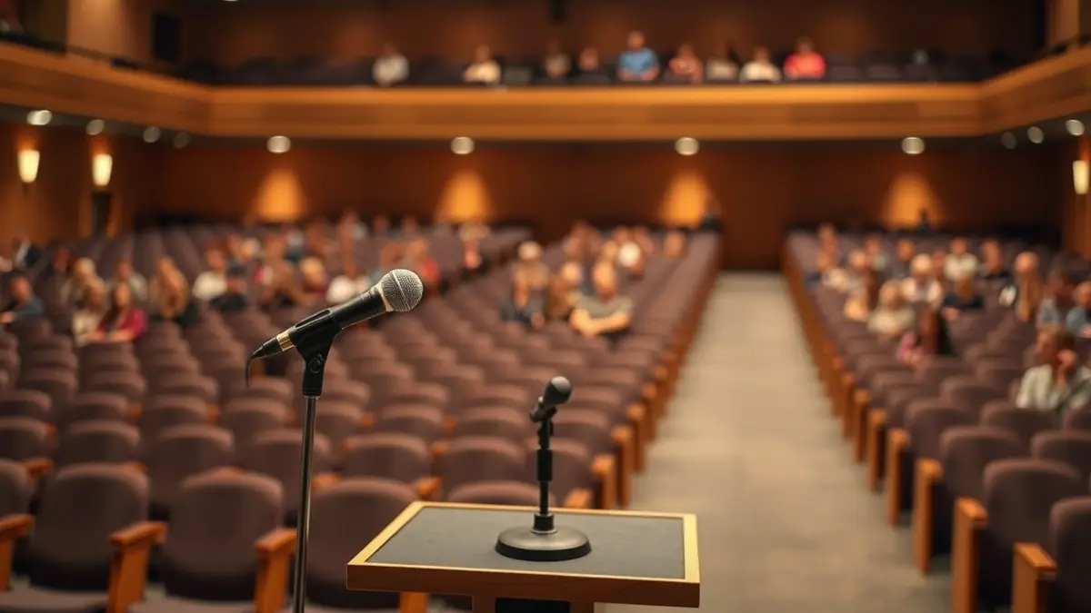 Imatge genèrica d'un micròfon en un faristol en un auditori buit, amb seients desenfocats al fons i il·luminació càlida d'escenari.