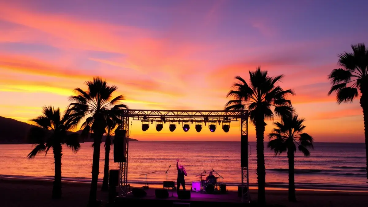 Imagen genérica de una fiesta en la playa con un atardecer mediterráneo, música y gente disfrutando del ambiente.