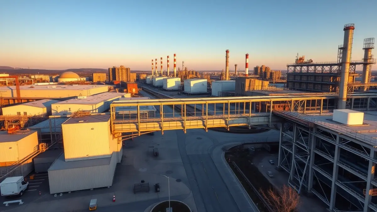 Imatge d'un complex industrial amb un pont que connecta dos edificis, simbolitzant la millora de la connectivitat i l'expansió.