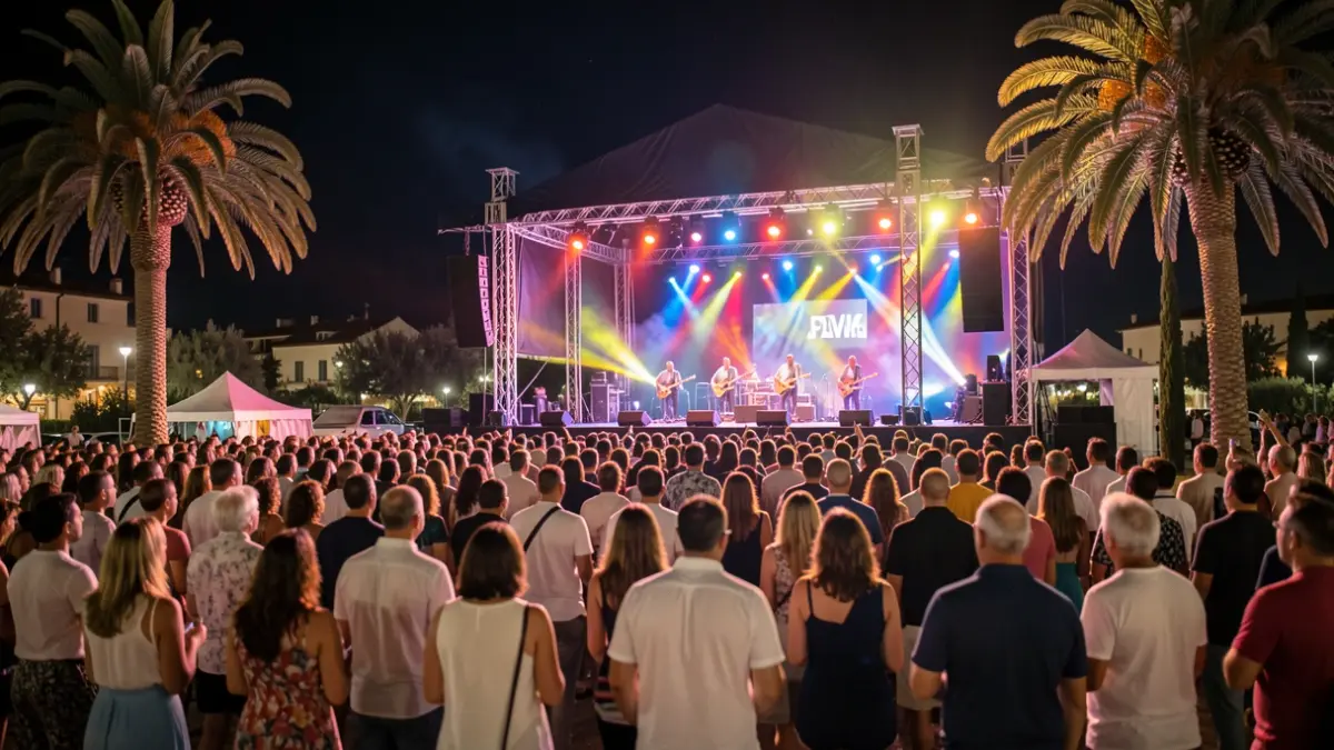 Imatge genèrica d'un festival de música a l'aire lliure amb un escenari il·luminat i una multitud borrosa gaudint de l'actuació.