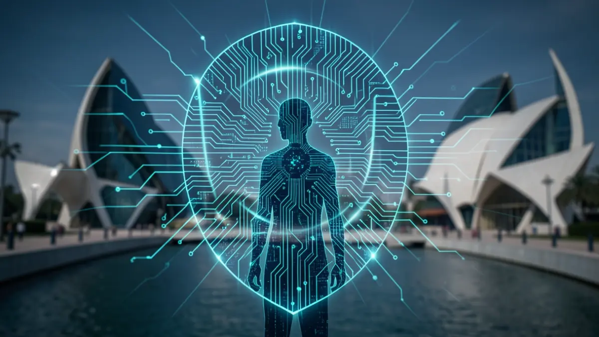 Generic image of cybersecurity with digital elements and the City of Arts and Sciences.