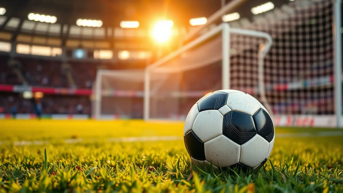 Generic image of a soccer ball on stadium grass, with a blurred goal in the background, under evening light.