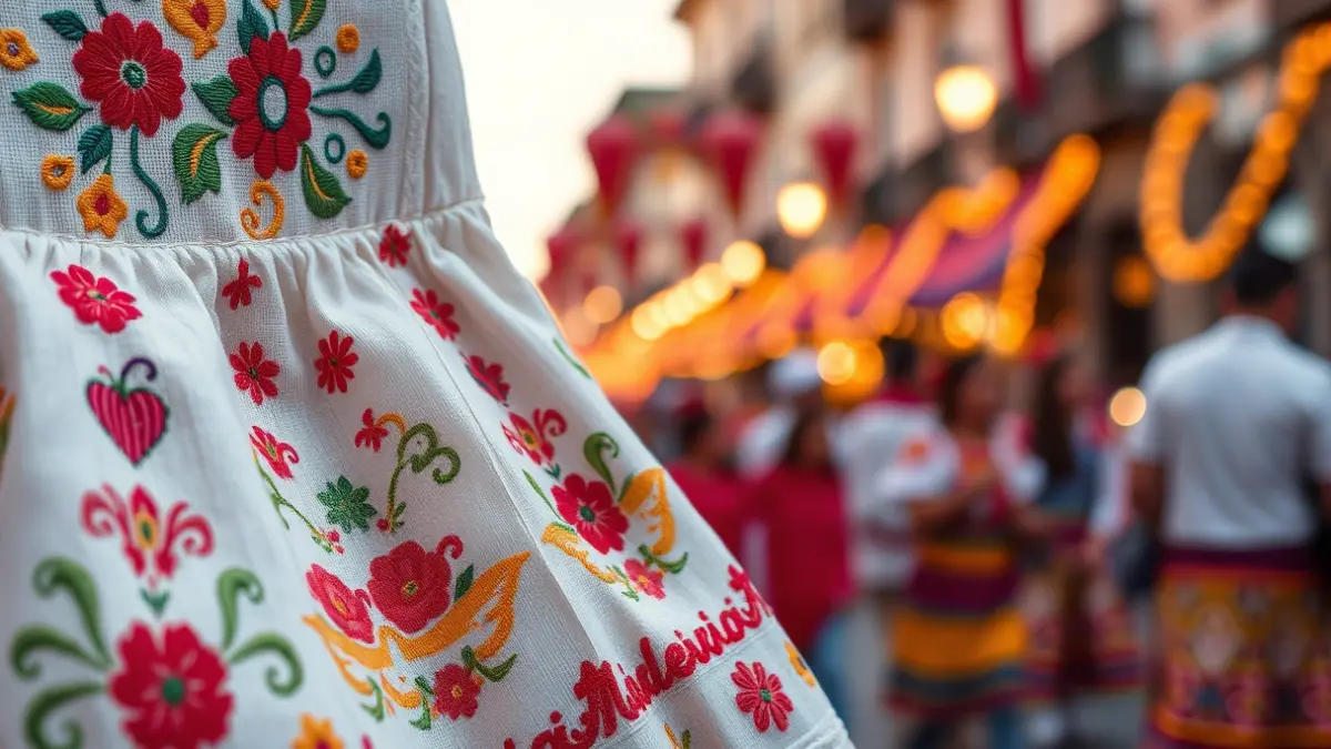 Image of a detail of a fallera dress, with embroidery and vibrant colors, in a festive atmosphere.